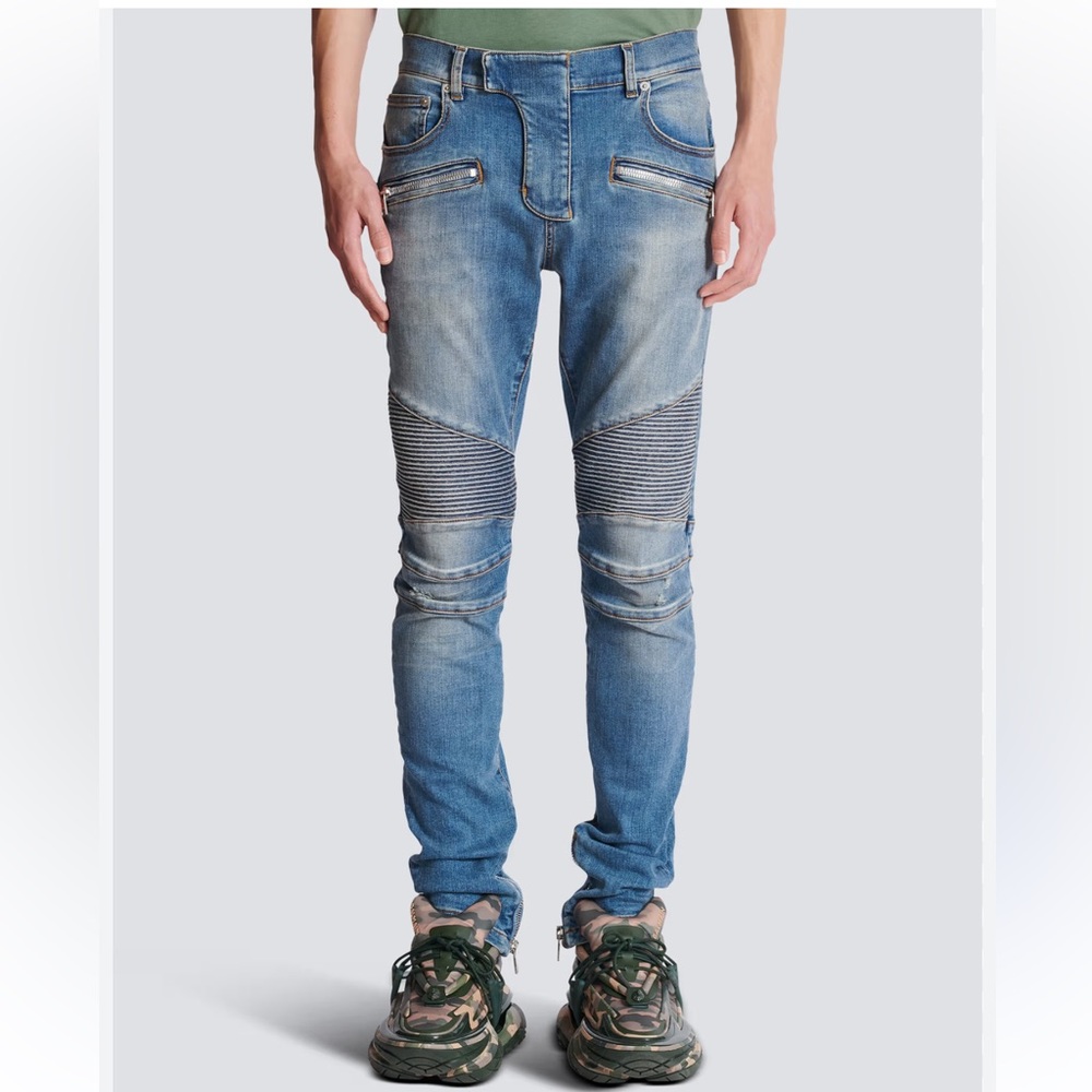 Balmain Slim Fit Biker Jeans in Blue Denim - Picture 2 of 16